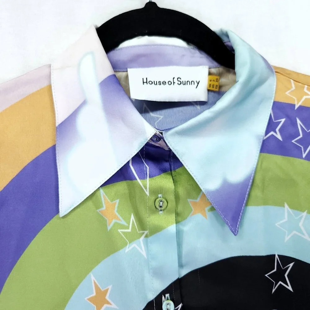 House Of Sunny Nice To Meet You Shirt Womens Size 2 Satin Graphic Button Front - Picture 6 of 15